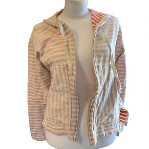 COLUMBIA striped zip jacket high low hem, small, orange and cream